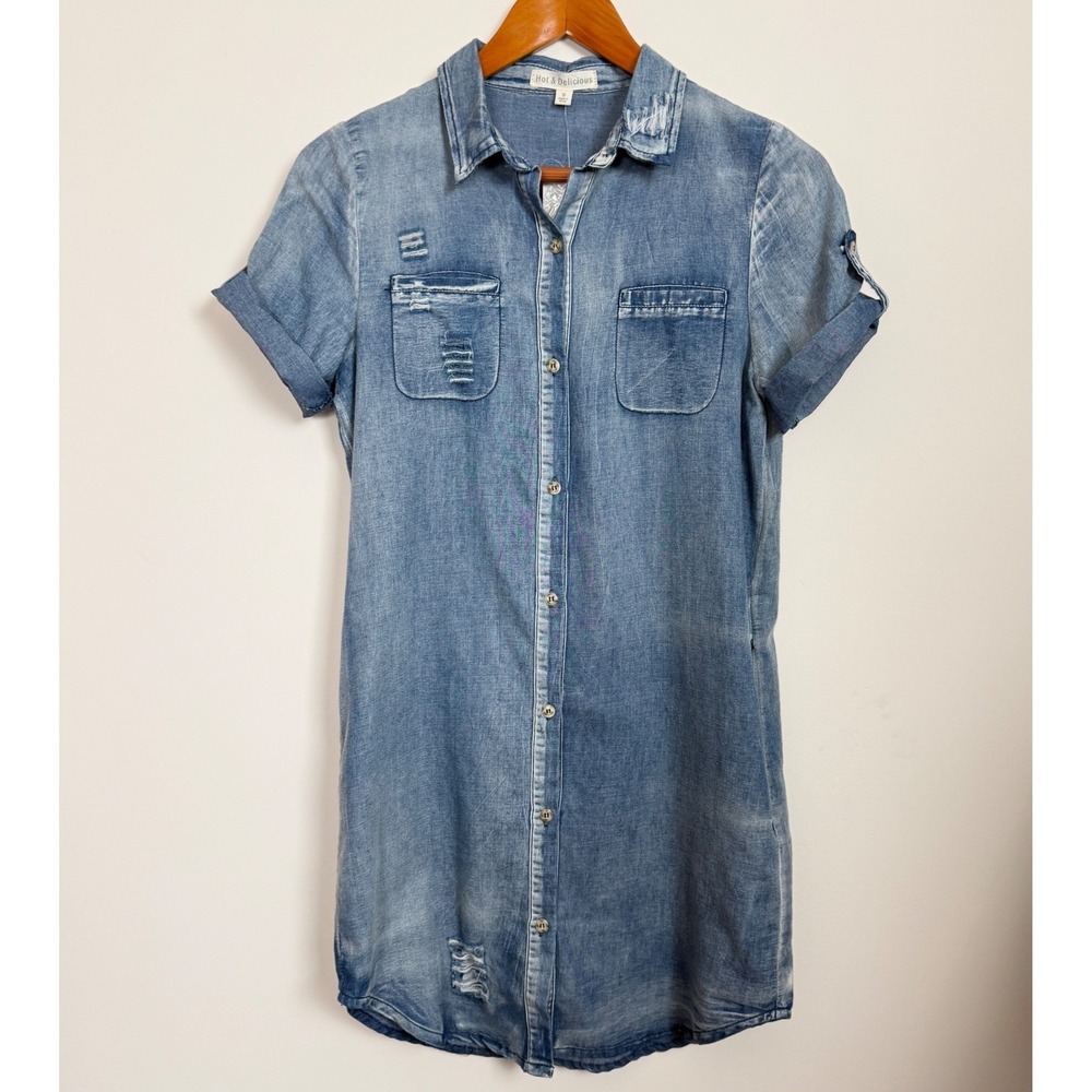 Distressed Chambray Shirt Dress Button Front Utility Denim Look Size S NWT